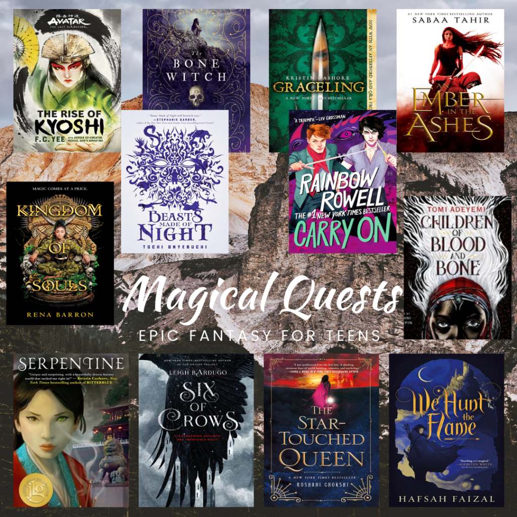 Text reads "Magical Quests: Epic Fantasy for Teens" with covers of 12 books.  Click through the repost link below for the full list in text.  